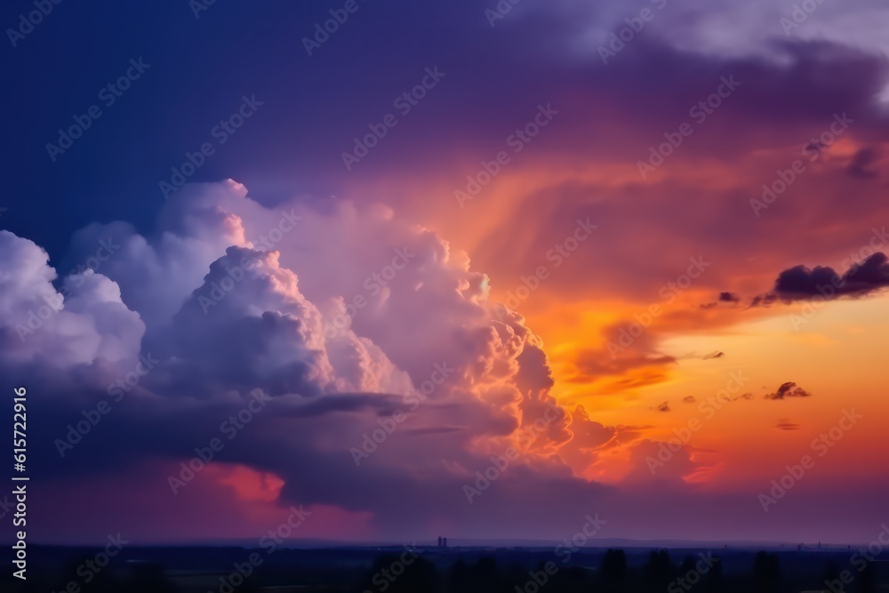 Sunset in the clouds. Blue orange purple sunset background. Generative AI.