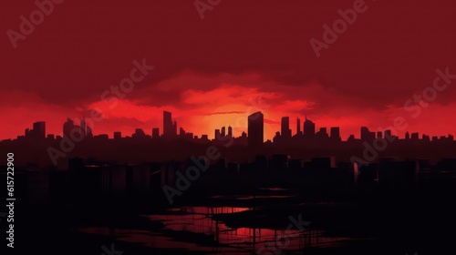 Red sunset over the city. Black red abstract background. Generative AI. © SaraY Studio 