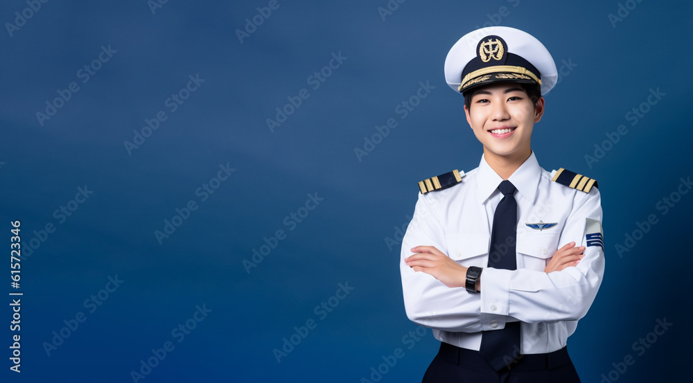 a smiling young woman wearing pilot clothes in dark blue background generative ai a smiling young woman wearing pilot clothes in dark blue background generative ai