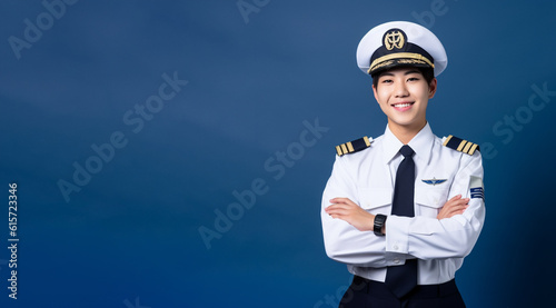 a smiling young woman wearing pilot clothes in dark blue background generative ai