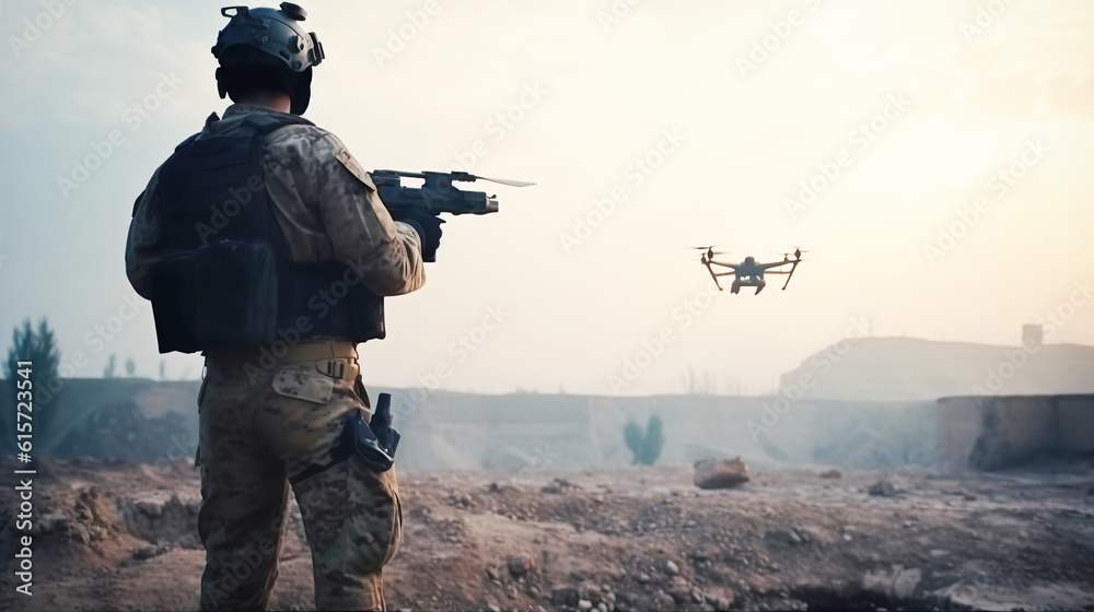 Soldier on the battlefield with military drone. Soldier on the battlefield with military drone.