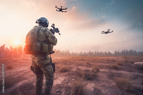 Soldier on the battlefield with military drone.