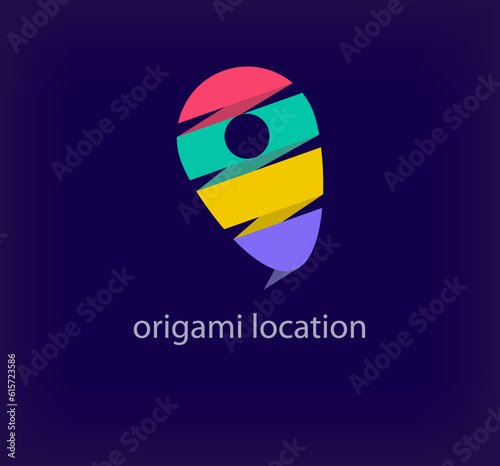 Creative origami location logo. Unique color transitions. Unique folding art location form logo template. vector