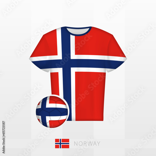 Football uniform of national team of Norway with football ball with flag of Norway. Soccer jersey and soccerball with flag.