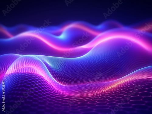 Purple pink glow waves, in the style of dotted, 3d space, abstract blue lights, streamlined design, rhythmic lines, lens flare, stockphoto, backlight, no text on the picture © Dushan