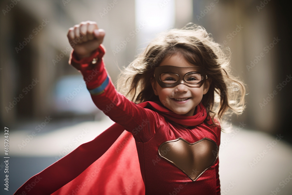 © toonsteb - Happy girl in super hero costume with Generative AI © toonsteb - Happy girl in super hero costume with Generative AI