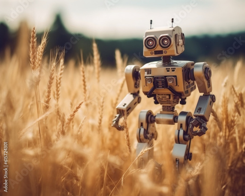 Kleiner Roboter im Weizenfeld, generative AI photo