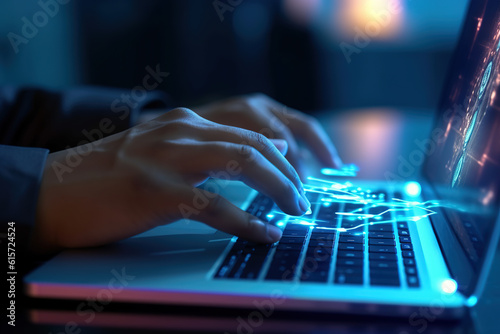 Foto Male hands are typing on a laptop keyboard, a man works, develops a business, studies, plays a computer game at night