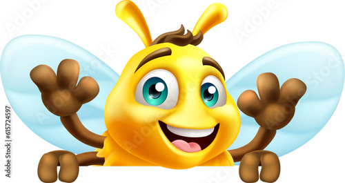 A honey or bumble bee cartoon bumblebee cute cartoon mascot peeking over a sign
