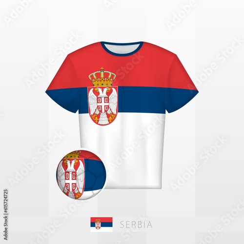 Football uniform of national team of Serbia with football ball with flag of Serbia. Soccer jersey and soccerball with flag.