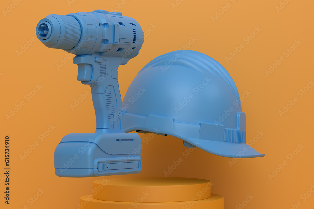 Abstract scene or podium with electric drill and helmet on monochrome background Abstract scene or podium with electric drill and helmet on monochrome background