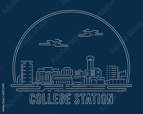 College Station, Texas - Cityscape with white abstract line corner curve modern style on dark blue background, building skyline city vector illustration design
