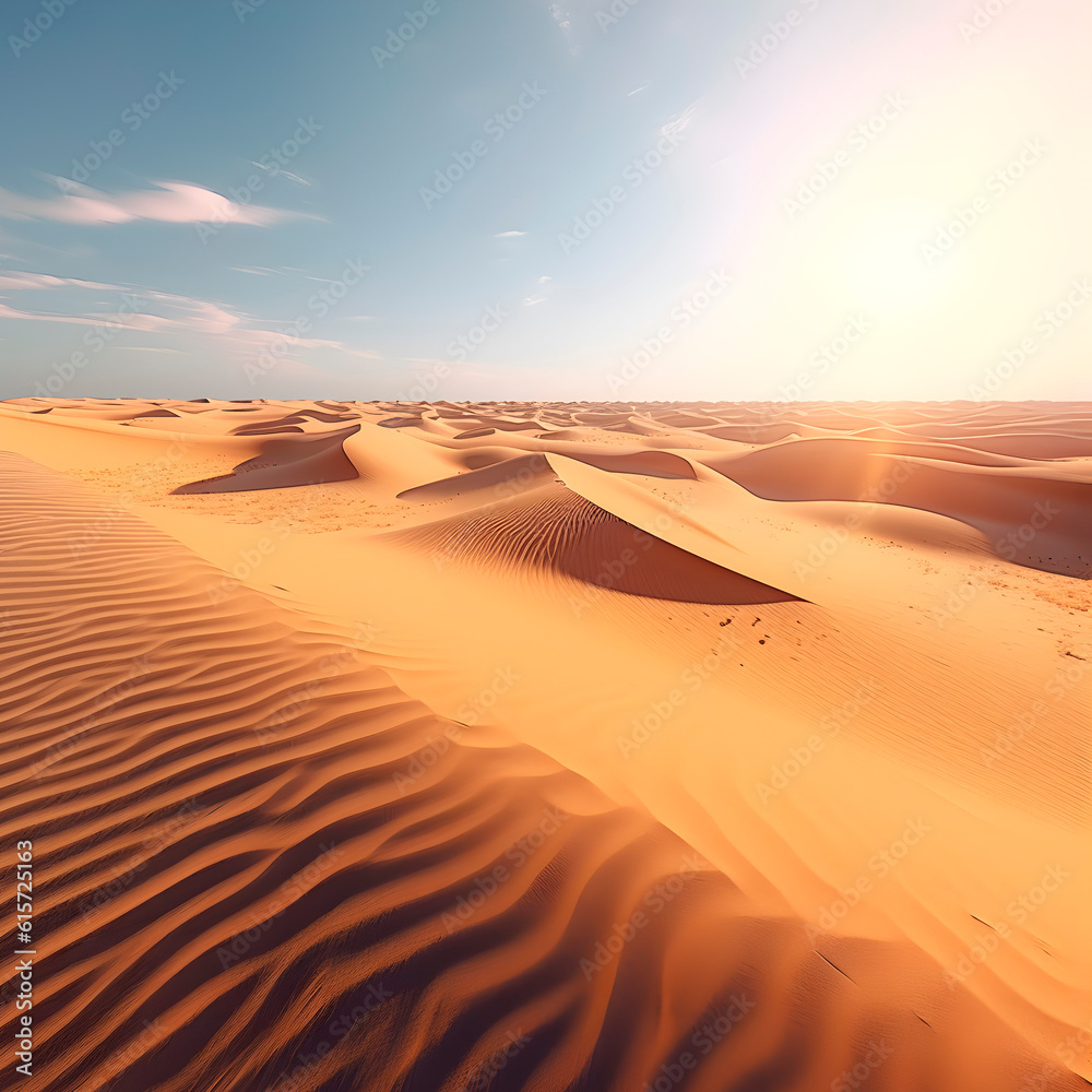 A mirage, translucent, barely visible on the horizon of sand dunes in the desert