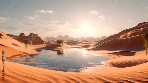 A mirage, translucent, beautiful oasis lake between sand dunes in the desert © shooreeq