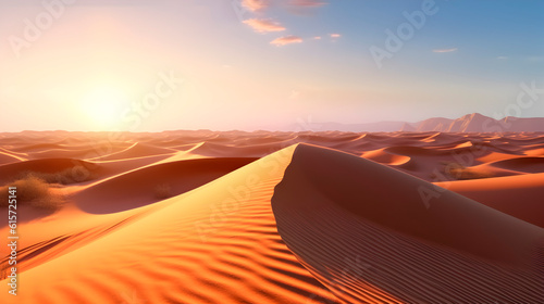 A mirage  translucent  barely visible on the horizon of sand dunes in the desert