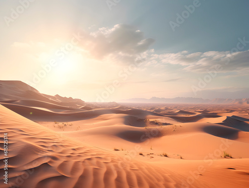 A mirage  translucent  barely visible on the horizon of sand dunes in the desert