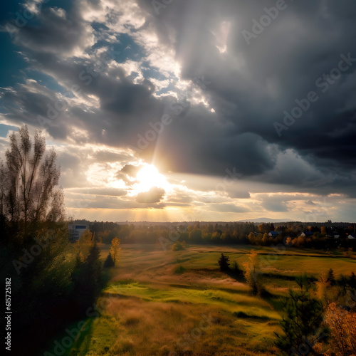 Sky in early autumn, rainy and windy day weather, a bright ray breaks through the gray clouds