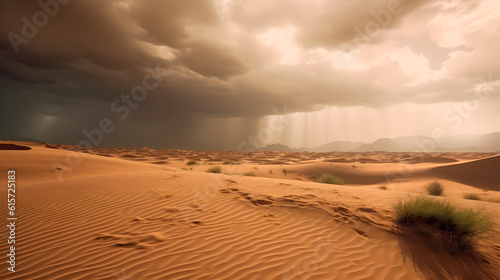 A rainy day in the hot desert with sand dunes