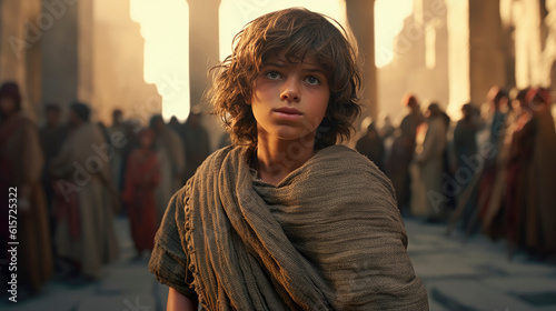 Portrait of 12 years old Jesus in the temple of Jerusalem. Christian illustration.