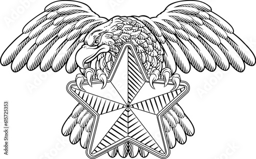 An eagle star symbol crest banner parchment design emblem in a vintage woodcut style