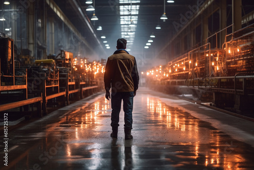 a man on a factory floor is walking through the factory with Generative AI