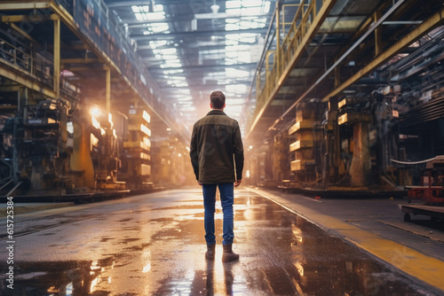 a man on a factory floor is walking through the factory with Generative AI
