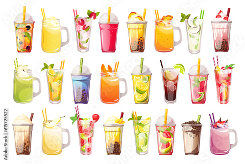 Large set of summer cocktails and drinks. Mojito, smoothies with various fruits, bubble tea, lemonade. Vector illustration. photo