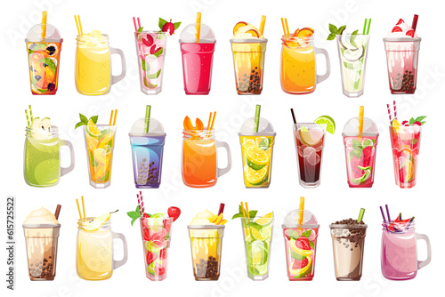 Large set of summer cocktails and drinks. Mojito, smoothies with various fruits, bubble tea, lemonade. Vector illustration.