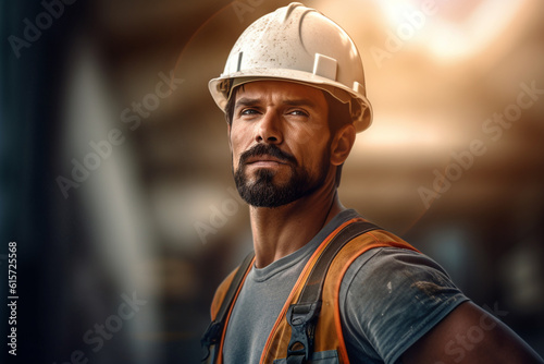 handsome construction worker with blueprints on worksite with Generative AI