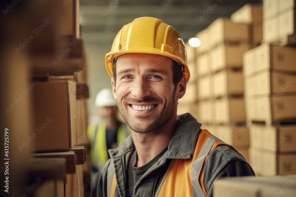 happy construction worker holding boxes in warehouse with Generative AI