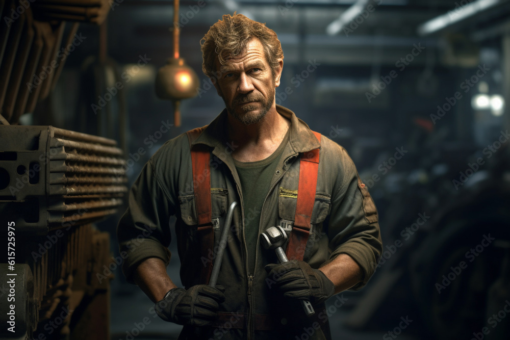 happy male mechanic standing with wrench showing his arms crossed with Generative AI happy male mechanic standing with wrench showing his arms crossed with Generative AI