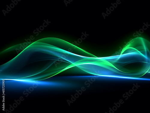 Blue green glow waves, in the style of dotted, 3d space, abstract blue lights, streamlined design, rhythmic lines, lens flare, stockphoto, backlight, no text on the picture