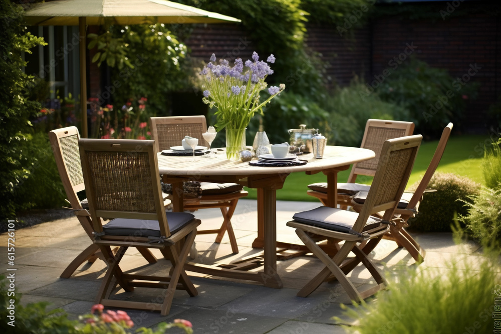 Beautiful Terrace with Table and Chairs in Garden