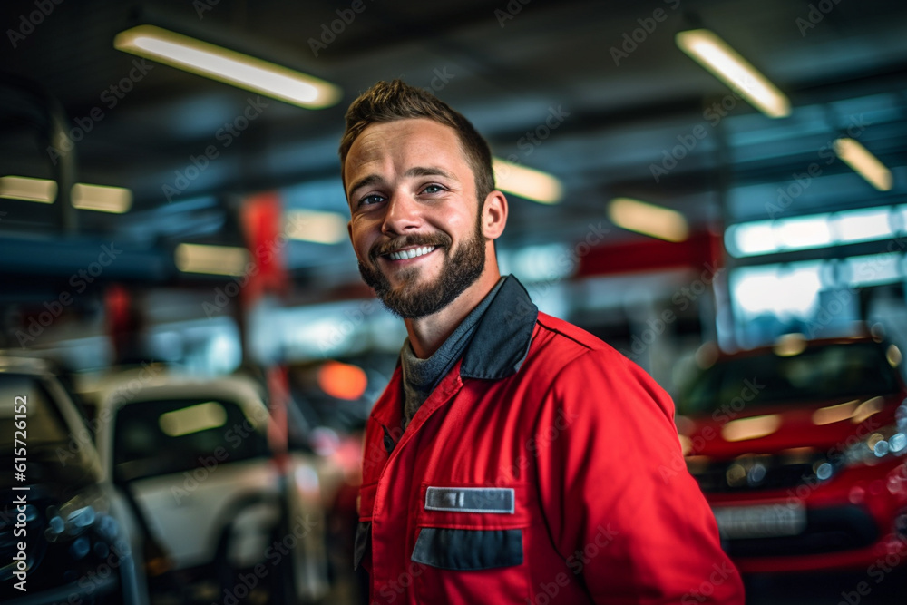 a happy mechanic inspecting a car in a service center with Generative AI a happy mechanic inspecting a car in a service center with Generative AI