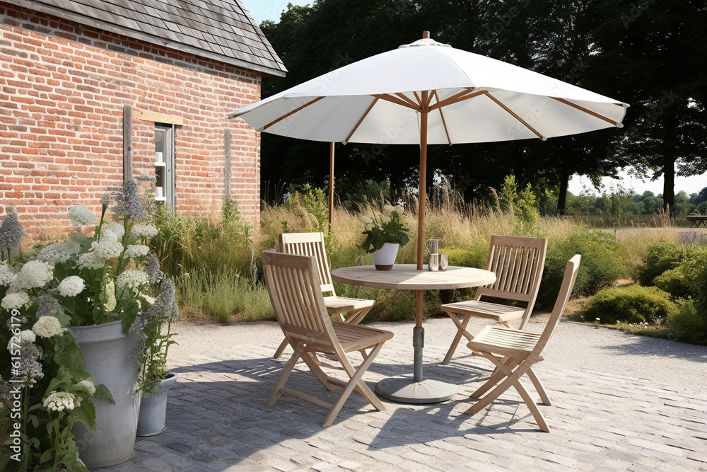 Wooden garden furniture with umbrella at the outdoor terrace. With green trees and old house rural background