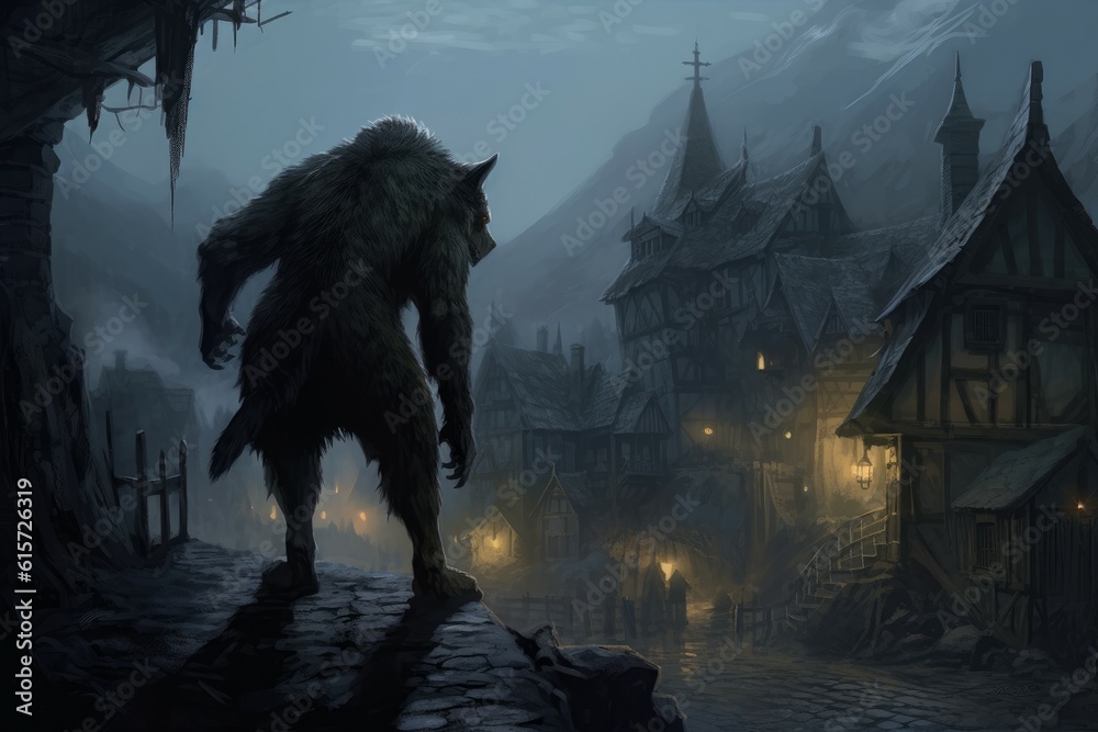 Naklejka premium Werewolf night medieval. Generate Ai
