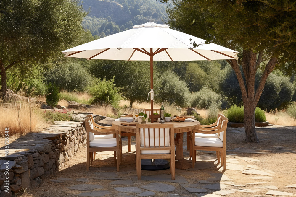 Table, chairs and parasol in the garden