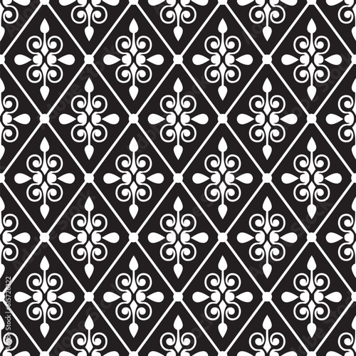 black and white seamless pattern Islamic, vintage floral background for design ceramic, chinaware, pottery, earthenware, mosaic, texture, indigo, textile, batik, tiled, arabesque wallpaper, vector