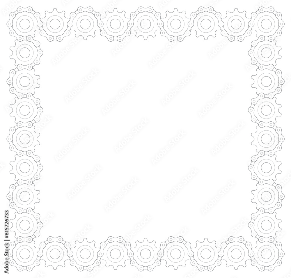 Vector line square cog wheel with intertwined chain. Bicycle border. Isolated on white background
