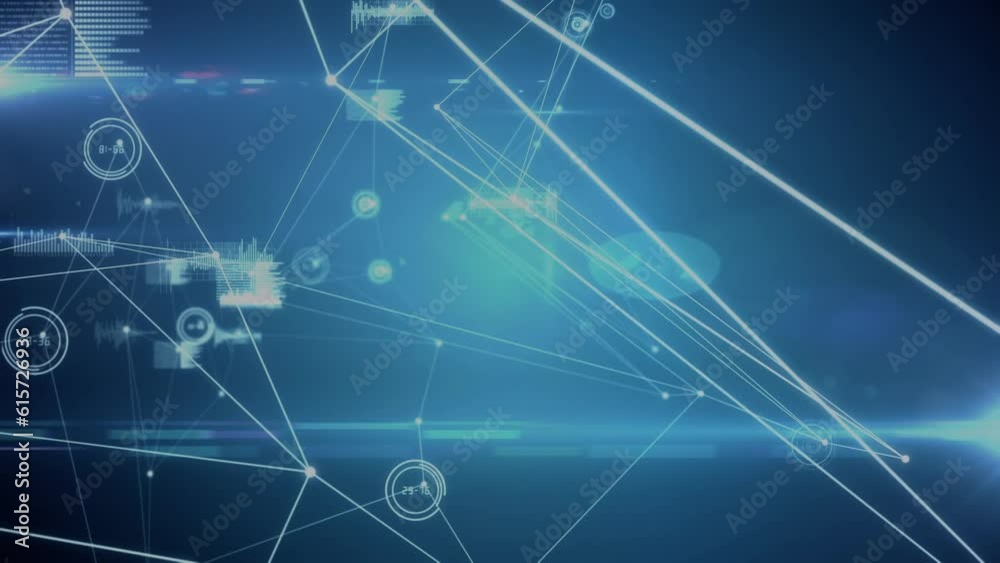 Animation of connected dots and graph icons over globe against blue background Animation of connected dots and graph icons over globe against blue background