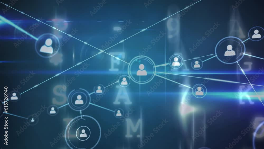 Animation of icons connected with lines over letters against abstract background Animation of icons connected with lines over letters against abstract background