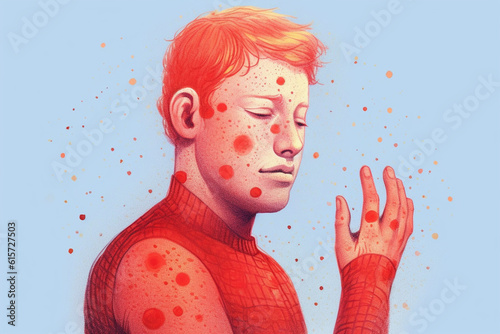 Skin allergy: Illustration of a person with skin redness, itching, or hives as a result of an allergic reaction to a substance Generative AI photo