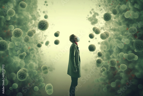 Fotografia Mold allergy: Illustration of mold spores in the air or a person experiencing re