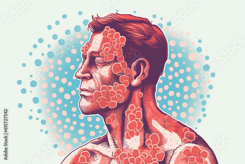 Skin allergy: Illustration of a person with skin redness, itching, or hives as a result of an allergic reaction to a substance Generative AI photo