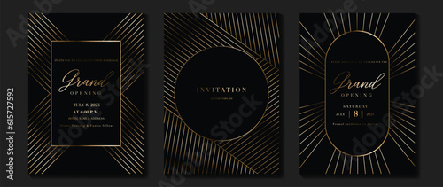 Luxury gala invitation card background vector. Golden elegant geometric shape, gradient gold lines on dark background. Premium design illustration for wedding and vip cover template, grand opening.