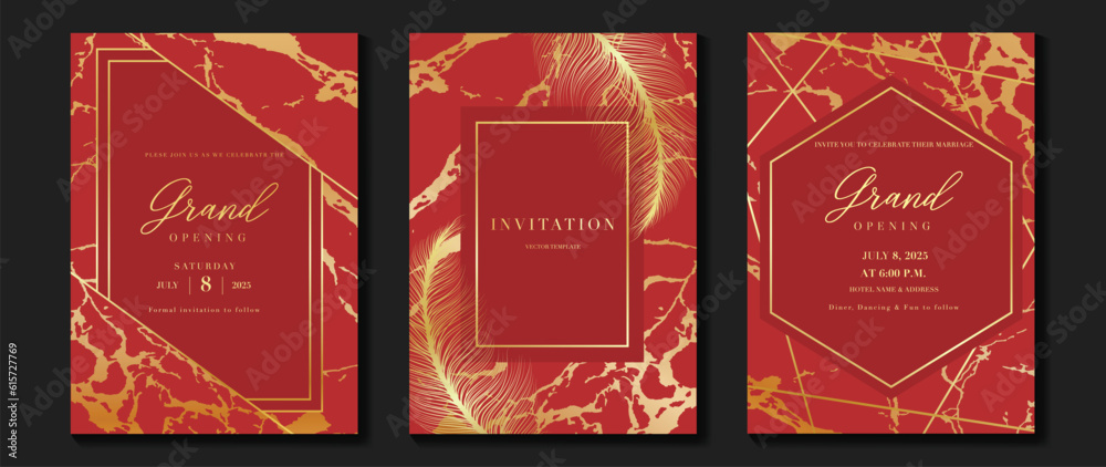 Naklejka premium Luxury gala invitation card background vector. Golden elegant geometric shape, marble, bird feathers on red background. Premium design illustration for wedding and vip cover template, grand opening.