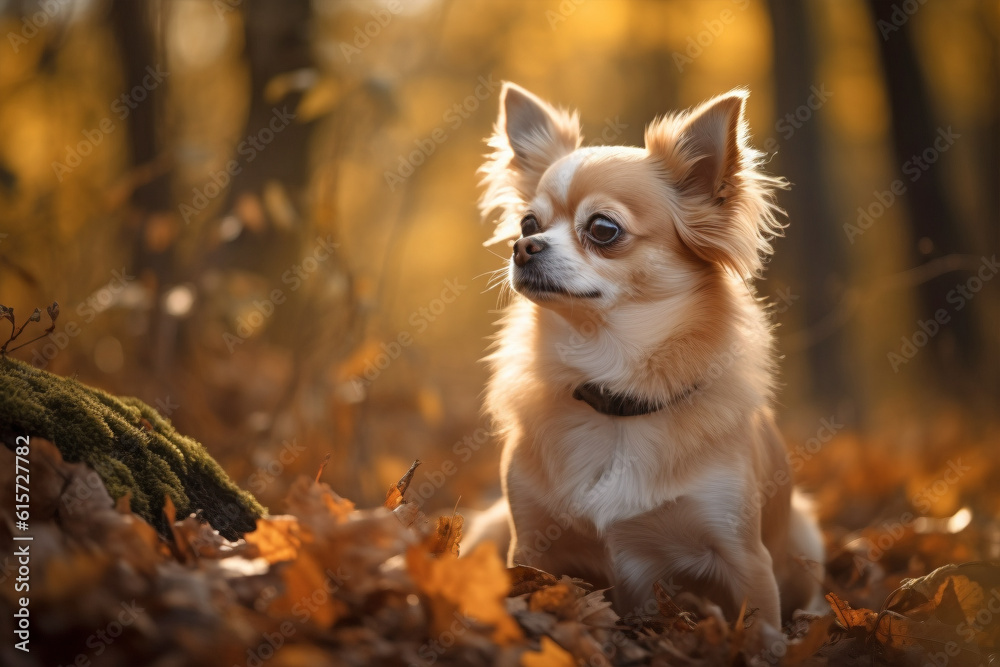 Chihuahua dog sitting in forest with orange autumn leaves Chihuahua dog sitting in forest with orange autumn leaves