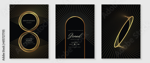 Luxury gala invitation card background vector. Golden elegant geometric pattern, gold wavy lines on dark background. Premium design illustration for wedding and vip cover template, grand opening.