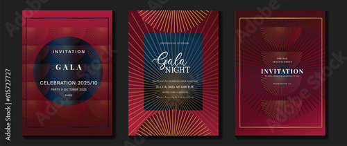 Luxury gala invitation card background vector. Golden elegant geometric shape,  gold line pattern on red background. Premium design illustration for wedding and vip cover template, grand opening.