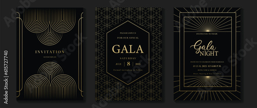 Luxury gala invitation card background vector. Golden elegant geometric pattern, gold line on dark background. Premium design illustration for wedding and vip cover template, grand opening.